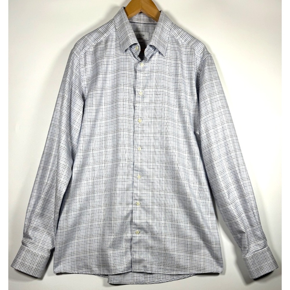 ETON Contemporary 44 17.5 Large White Blue Textured Twill Cotton Dress Shirt
